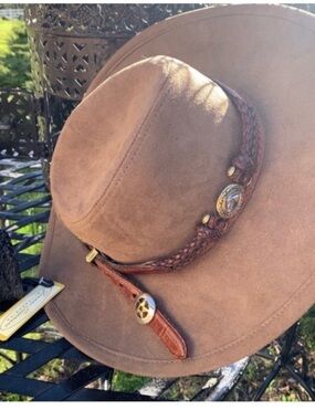 Wide-Brim Tan Suede Western Hat with embellished Braided Leather Band